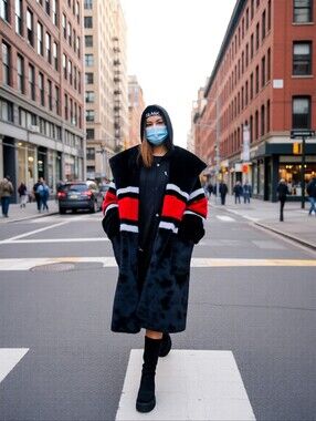 Blank NYC Black Faux Fur Peacoat with Red and White Stripes